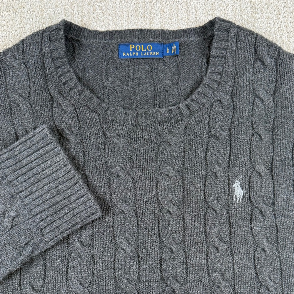 Polo Ralph Lauren Mens Large Gray Cable Knit Cotton Crewneck Sweater